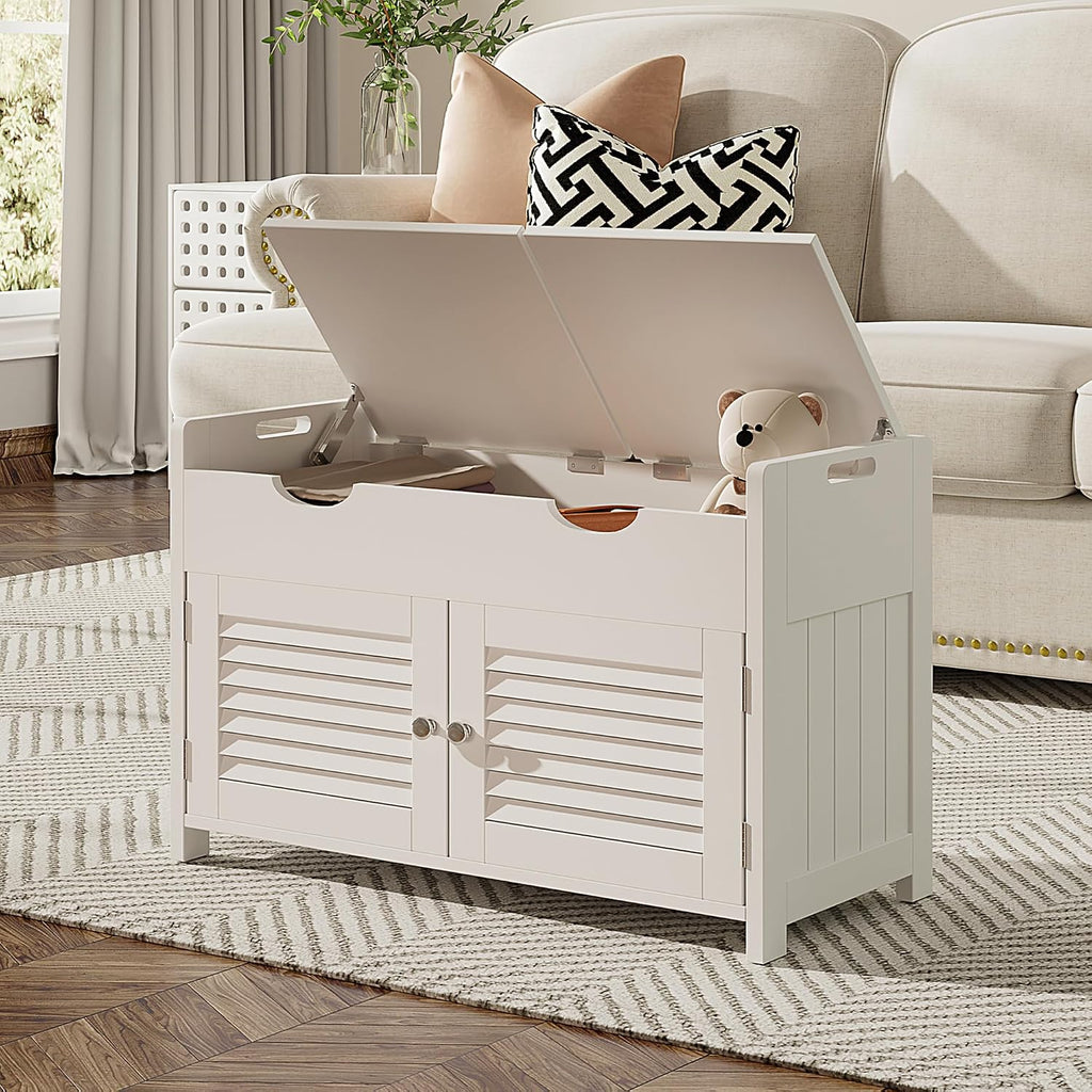 Shoe Storage Bench with Lift Top Storage, Entryway Bench with 2 Cushioned Seats, 3 Compartments, Adjustable Shelf