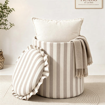 Round Striped Ottoman with Storage, Foot Rest Stool, Beige