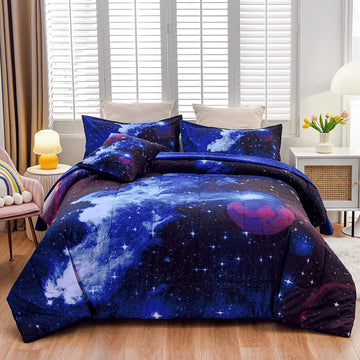 Galaxy 6Pcs Bedding Sets Outer Space Comforter Bed in a Bag 3D Printed Quilt,for Children Boy Girl Teen Kids, 6Pcs