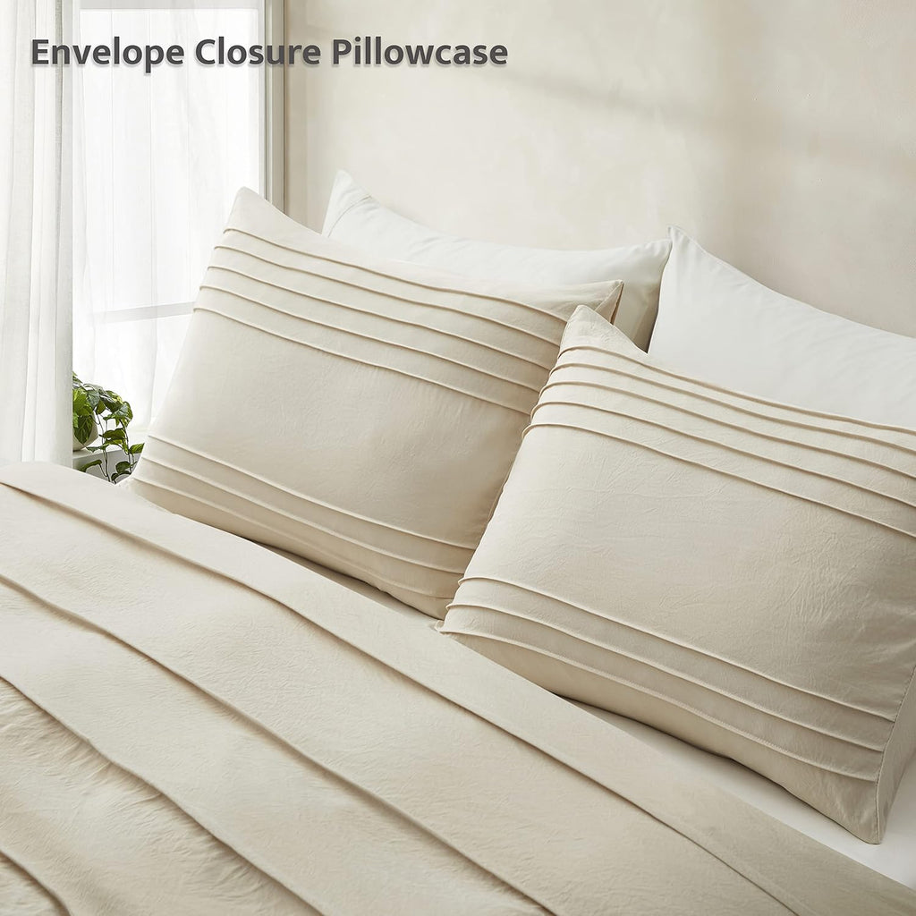 Beige Duvet Cover - Pleated Duvet Cover, 3PCS Soft and Breathable Textured Bedding Set with Zipper