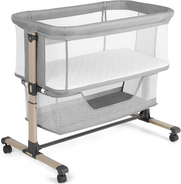 Bassinet Bedside Sleeper, Breathable and Adjustable, Light Grey | 0-5 Months Baby Infant, Co-Sleeping, 6 Heights