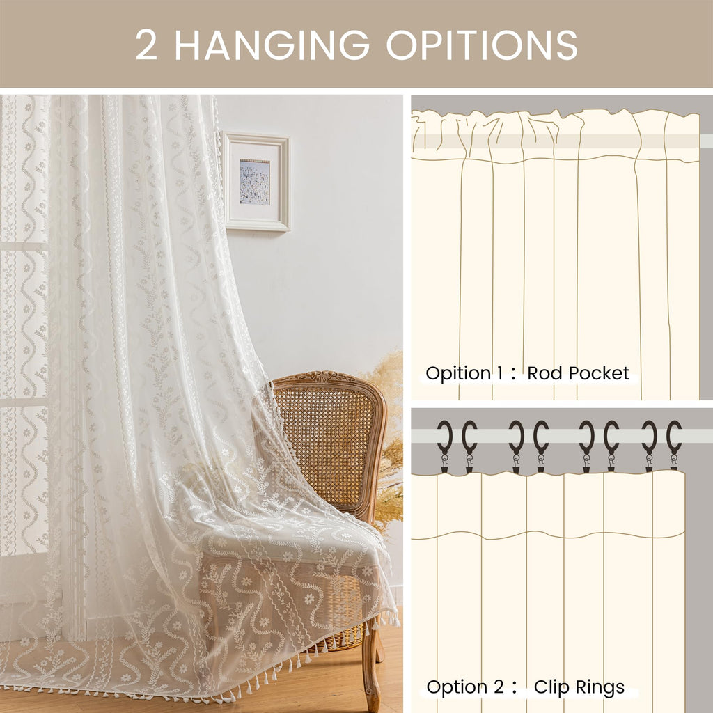 White Boho Lace Curtains 96 Inch -Cute Vintage Victorian Sheer Panel Drape French Country Floral Pattern & Tassel