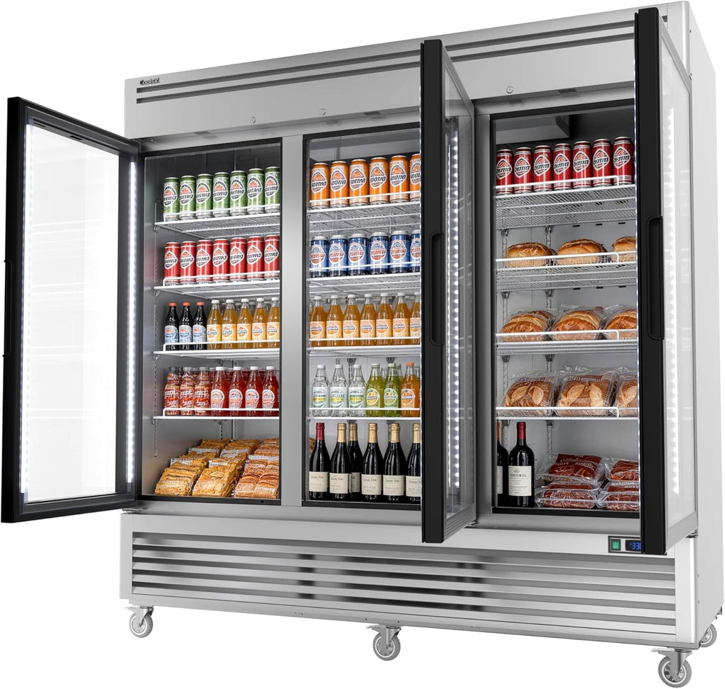 82" W 3-Door Commercial Beverage Refrigerator, 78.2 Cu.ft Glass Door Display Coo