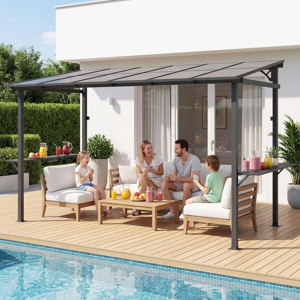12x6 ft Hardtop Grill Gazebo, Outdoor Sloping PC Roof BBQ Patio Metal Gazebo with Shelves and Hooks