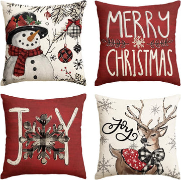 Joy Christmas Let It Snow Snowman Reindeer Throw Pillow Covers, 18 x 18 Inch Xmas Snowflake Winter Holiday Cushion - Set of 4