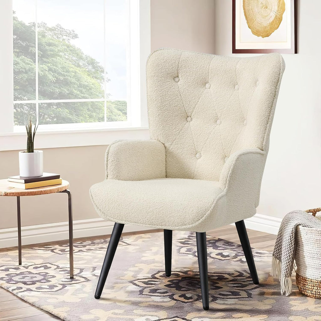 Boucle Accent Chair , Upholstered Reading Chair with High Backrest, Tufted-Button Wingback Armchair , Dressing Room