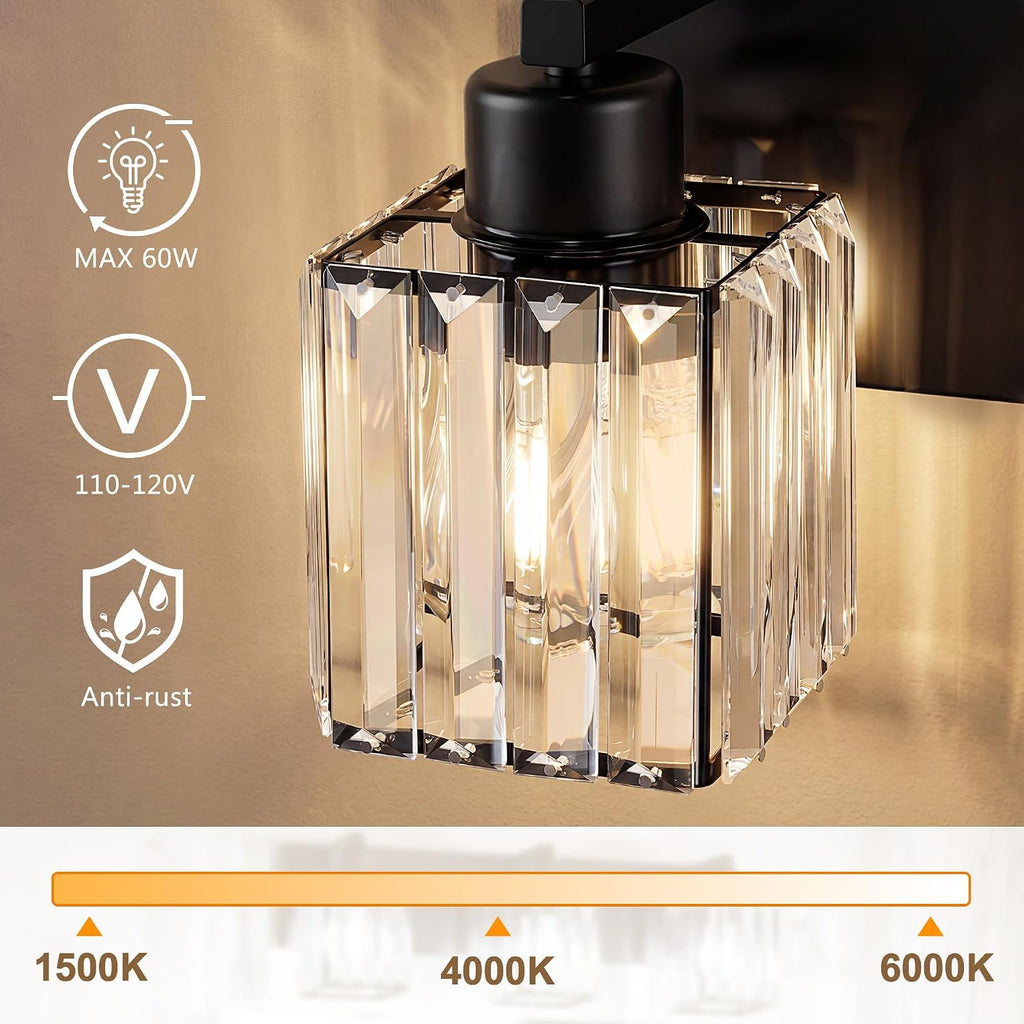 Modern Bathroom Vanity Light, 3-Light K9 Crystal Bathroom Lighting Fixtures Over Mirror, Black Vanity Light with