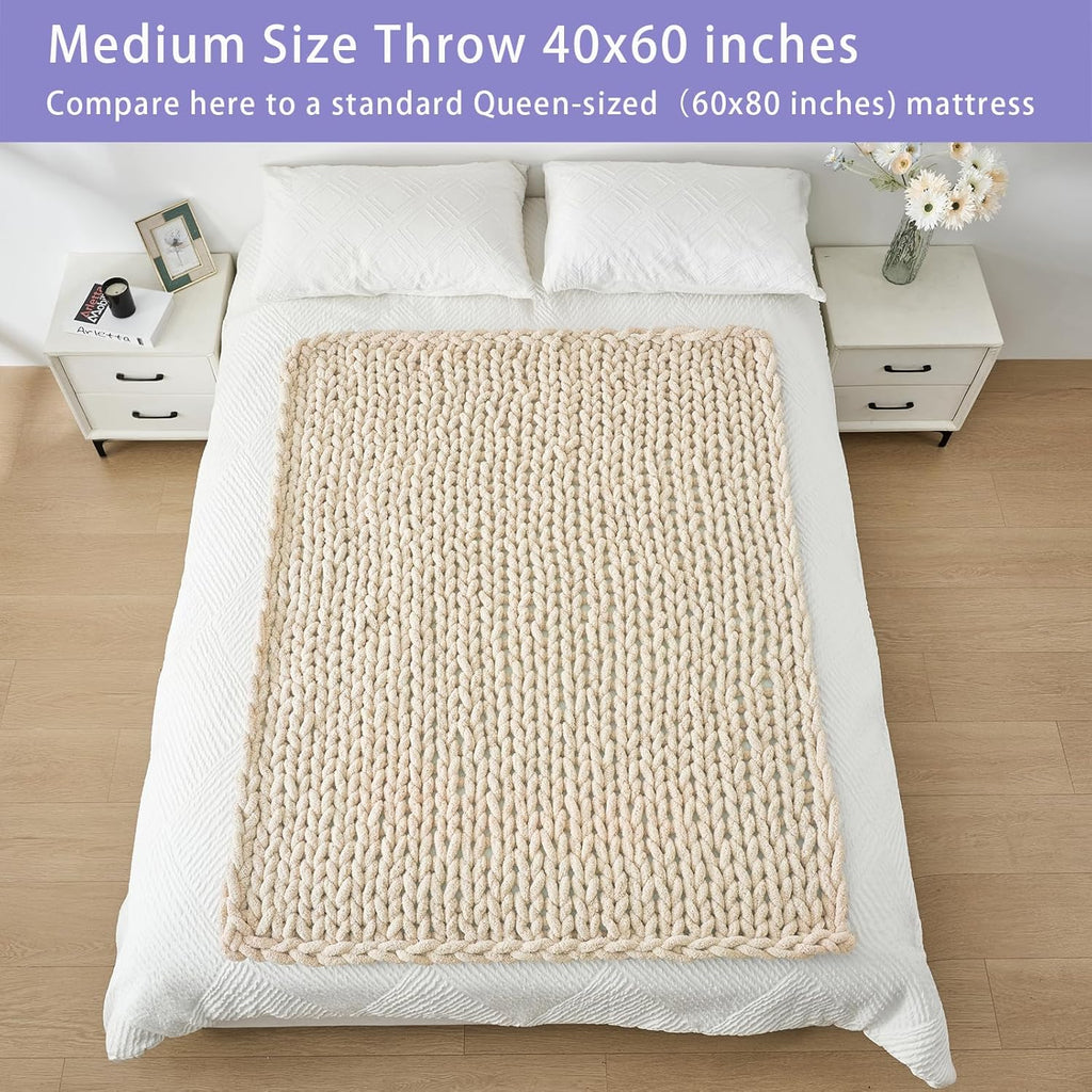 Chunky Knit Throw Blanket, 40x60 inches, 100% Hand Knitted with Thick Jumbo Chenille Yarn, Cozy Soft Large Rope Knot