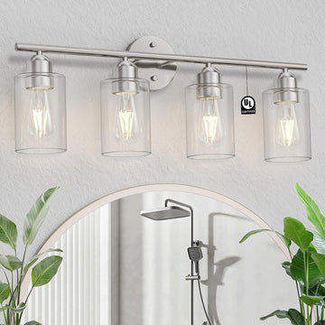Bathroom Vanity Light Fixtures Brushed Nickel,4 Lights Rustic Farmhouse Vanity Bar Lighting Over Mirror Modern
