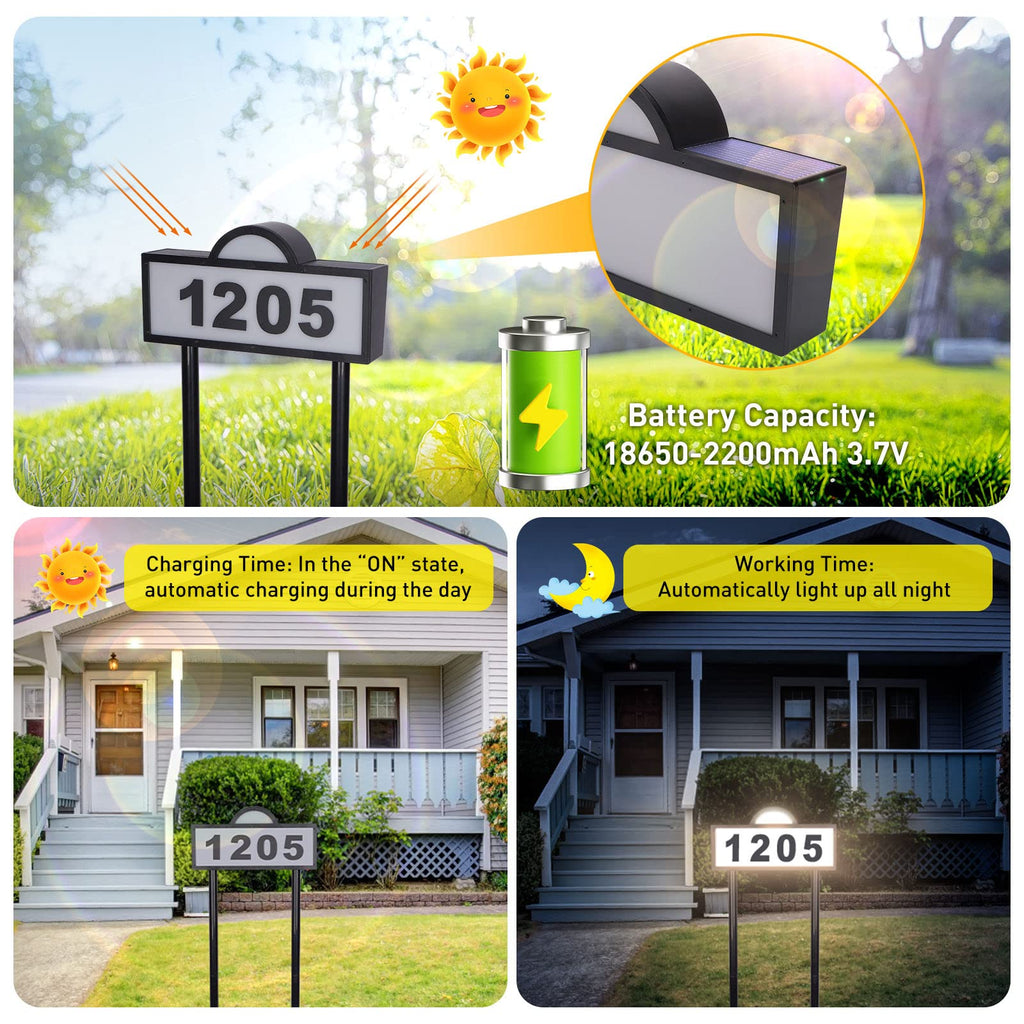 Solar House Numbers Address Sign, IP65 Waterproof Solar Address Plaque for Outside, 3200K Warm & 6500k Cold LED