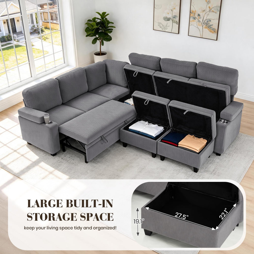 108" Modular Sectional Sofa Bed with Cup Holders, L-Shaped Pull Out Couch