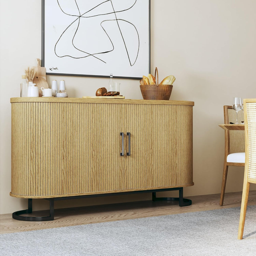 54.3" Buffet Cabinet with Storage, Fluted Sideboard with Tambour Doors, Modern Kitchen Storage Cabinet with