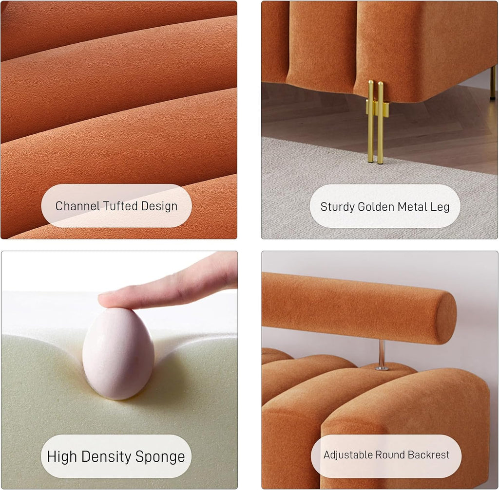 52.2" Velvet Upholstered Bench Ottoman with Adjustable Backrest, Orange | Modern Channel Tufted End of Bed Bench with