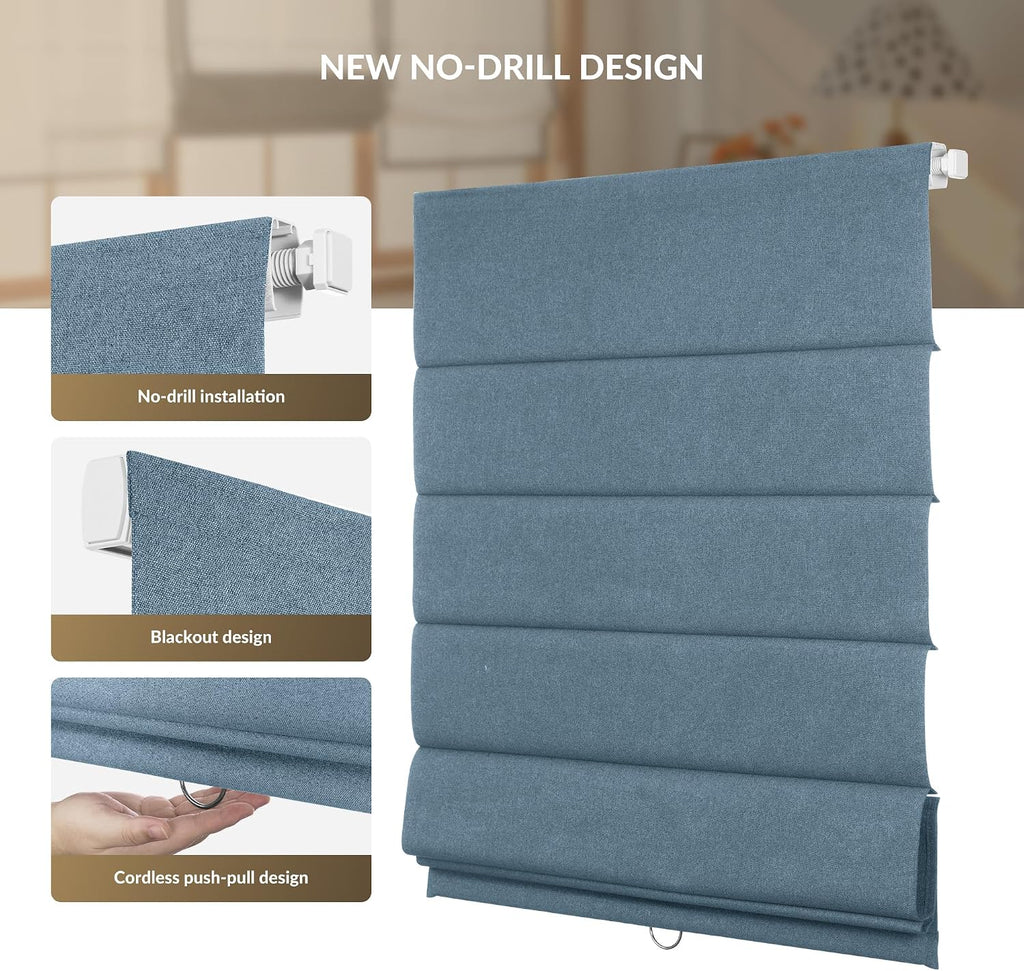 No Drill Roman Shades for Windows, Cordless Blackout Window Shades with UV Protection, Easy Install for Indoor