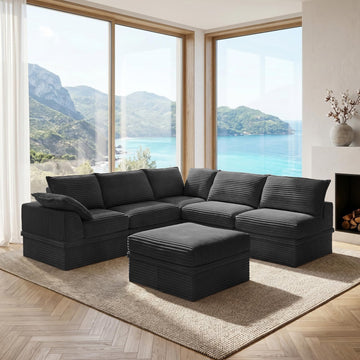 142" Oversized Modular Sectional Cloud Couches, Corduroy 6-Seat Large Upgraded Boneless Couch with Ottoman Chaise