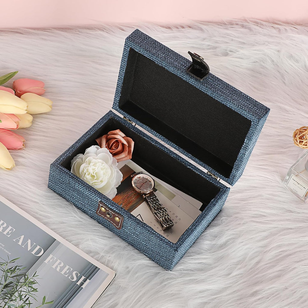 Treasure Chest Jewelry Box Wooden Decorative Box with Linen Covered