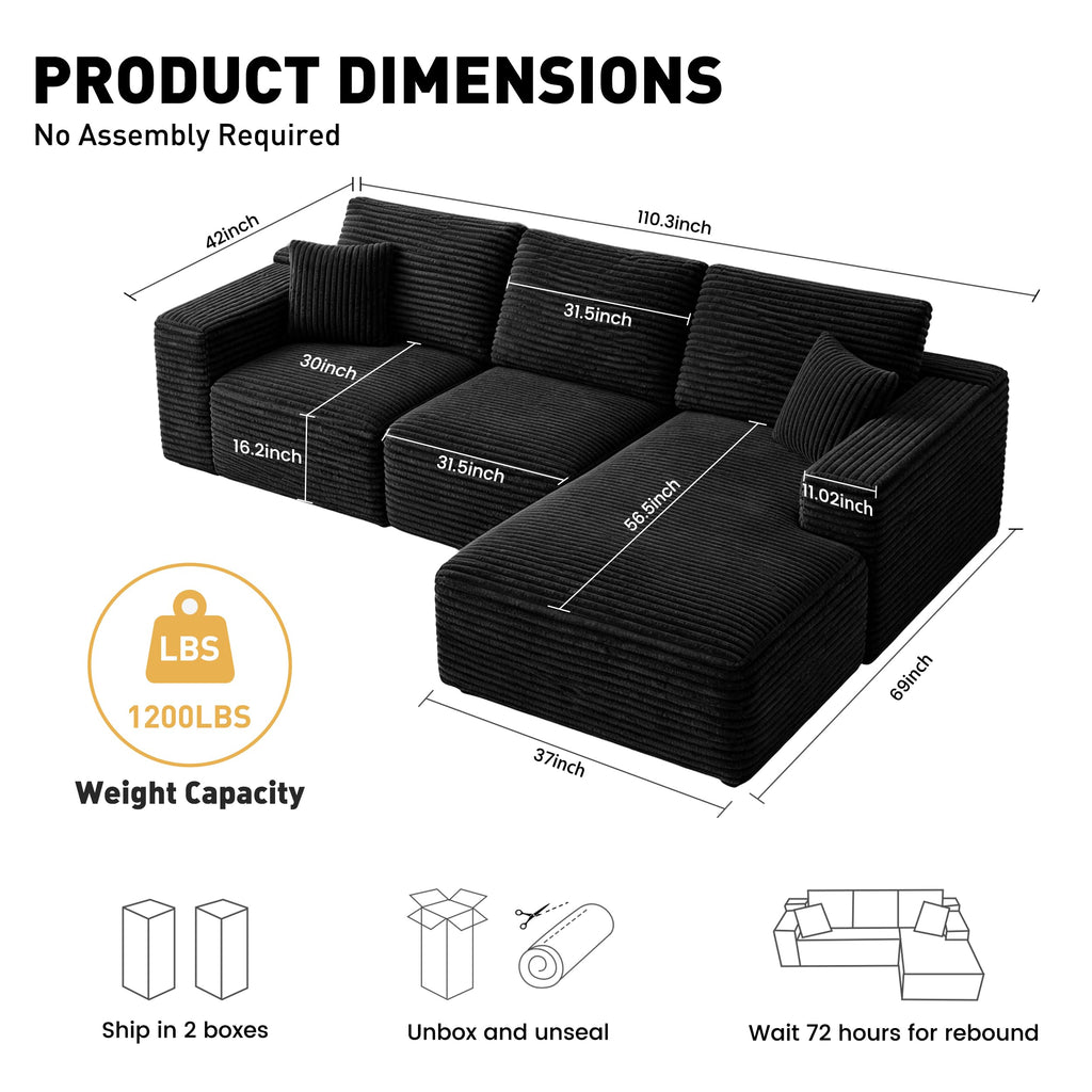 110" L-Shaped Modular Sectional Sofa, Cloud Deep Seat Boneless Couch with Chaise, Oversized Corduroy Compressed Sofa