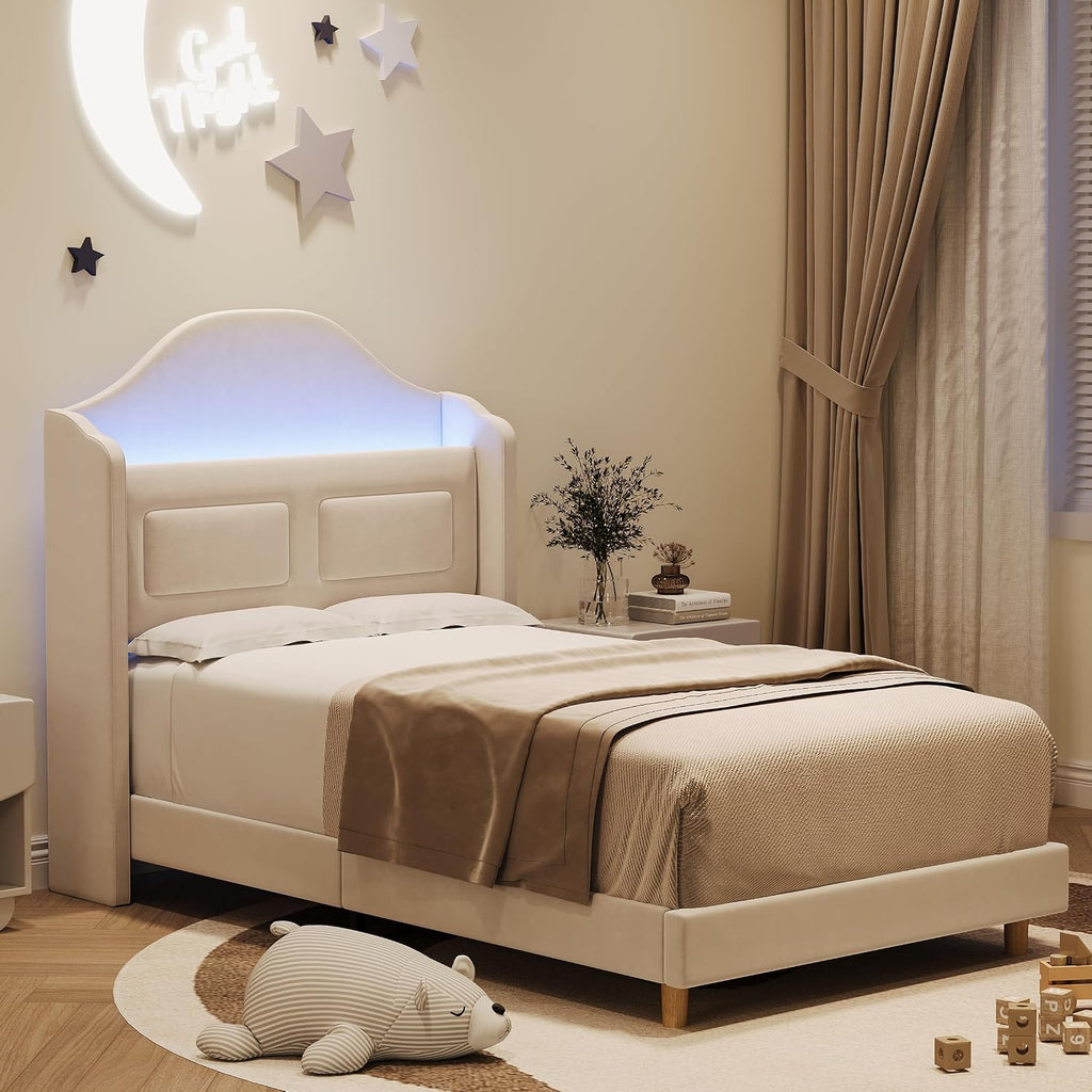 Twin Bed Frame for Kids, Upholstered Platform Bed for Boys/Girls, Beige | Velvet Wingback Headboard with LED Light &