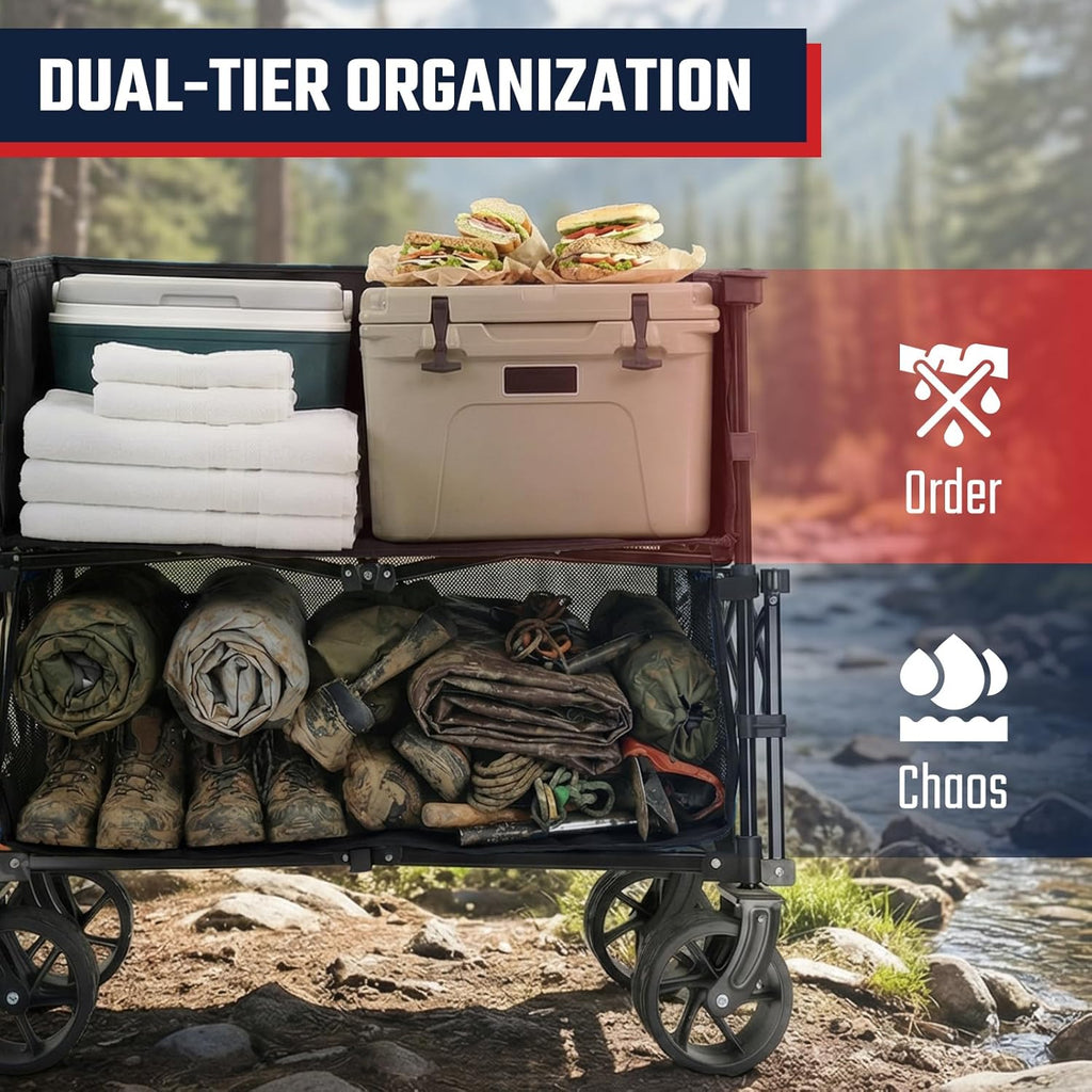 500LBS Heavy Duty Double Decker Wagon with Extender, 400L Large Capacity Collapsible Garden Cart Fits 10x10 Canopy