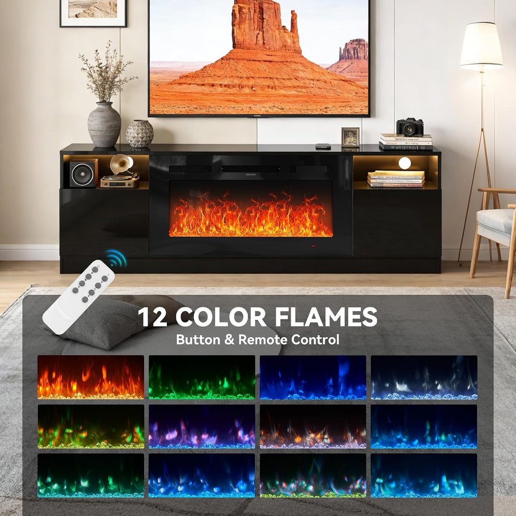 70" Fireplace TV Stand with 36" Electric Fireplace, LED Light Entertainment Center for TVs Up to 80", High-Gloss