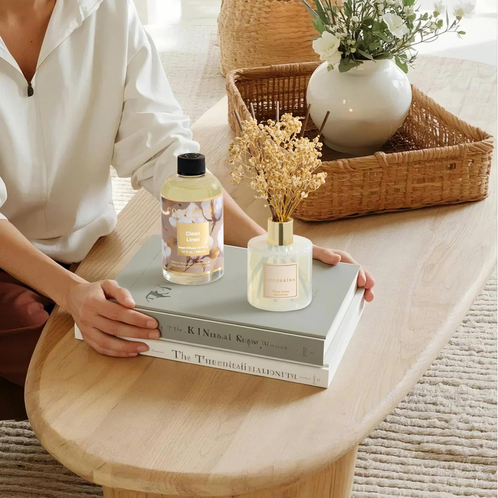Reed Diffuser Refill Clean Linen 17oz (500ml) with 8 Rattan Sticks - Premium Long-Lasting Scented Oil, Home Fragrance