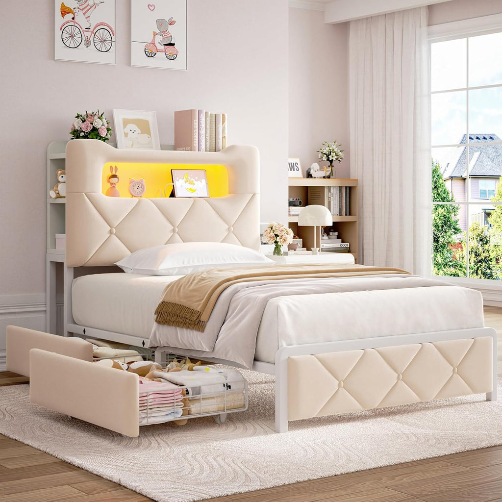 Twin Upholstered LED Bed Frame with 2 Storage Drawers and 2-Tier Storage Bookcase Headboard, Velvet Princess Platform
