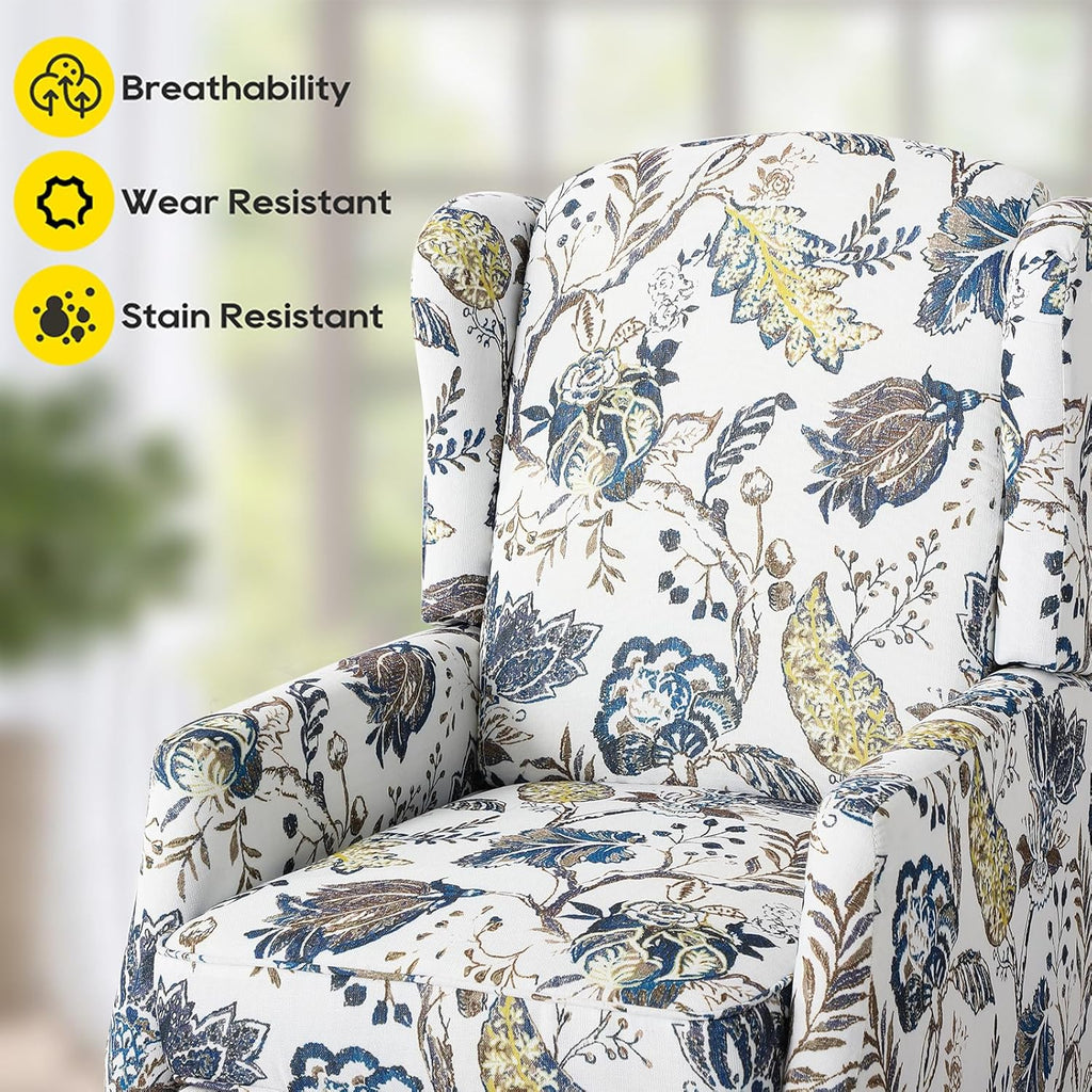 Upholstered Wingback Recliner Chair - Traditional Push Back Recliner Chair with Padded Seat, Fabric Floral Recliner