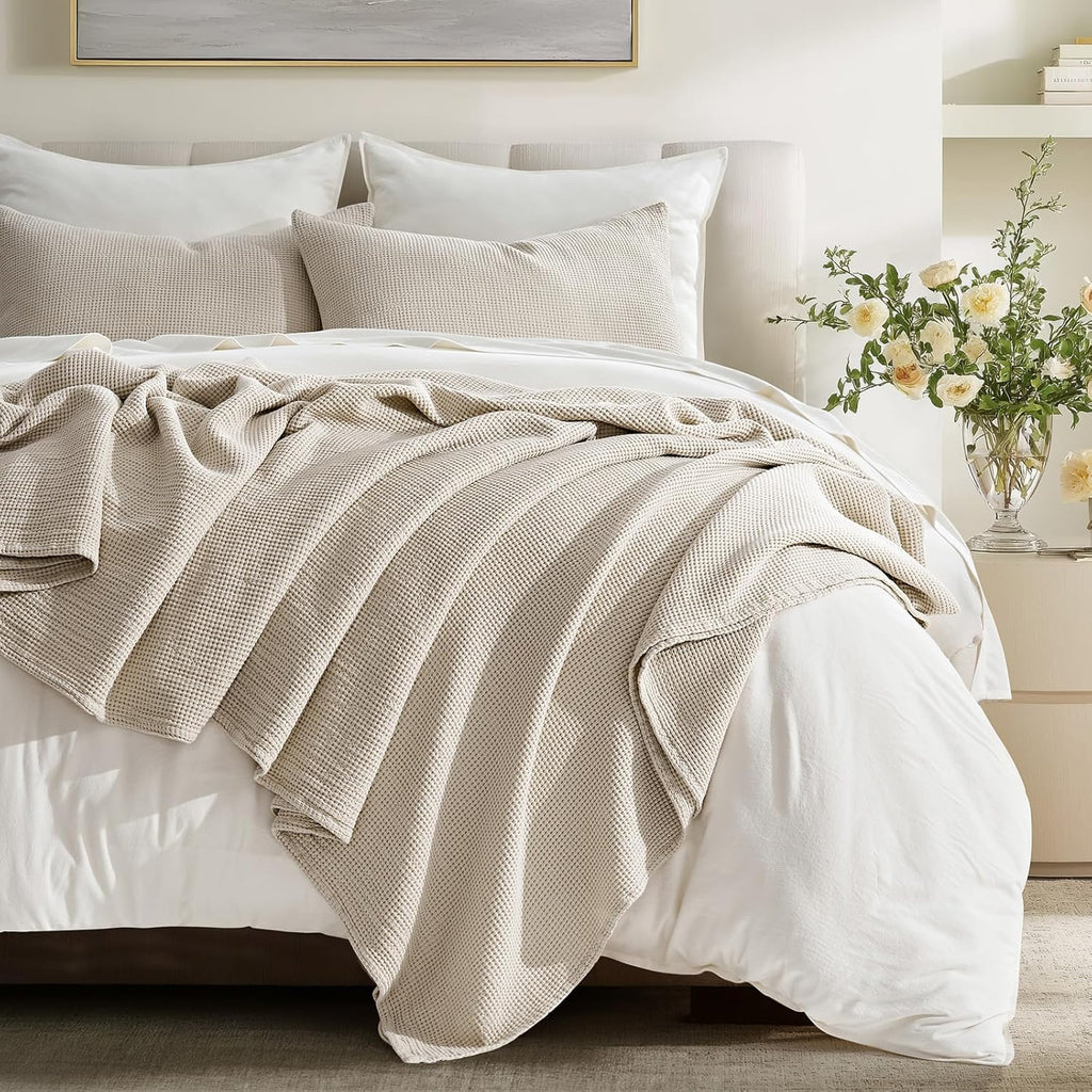 100% Cotton Waffle Bed Blanket King, Soft Premium Cotton Coverlet Set with 2 Matching Shams, Lightweight All Season