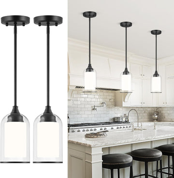 2 Pack Pendant Lights Kitchen Island, Dual Glass Pendant Lights, Black Hanging Lamp with Clear and Milk Glass
