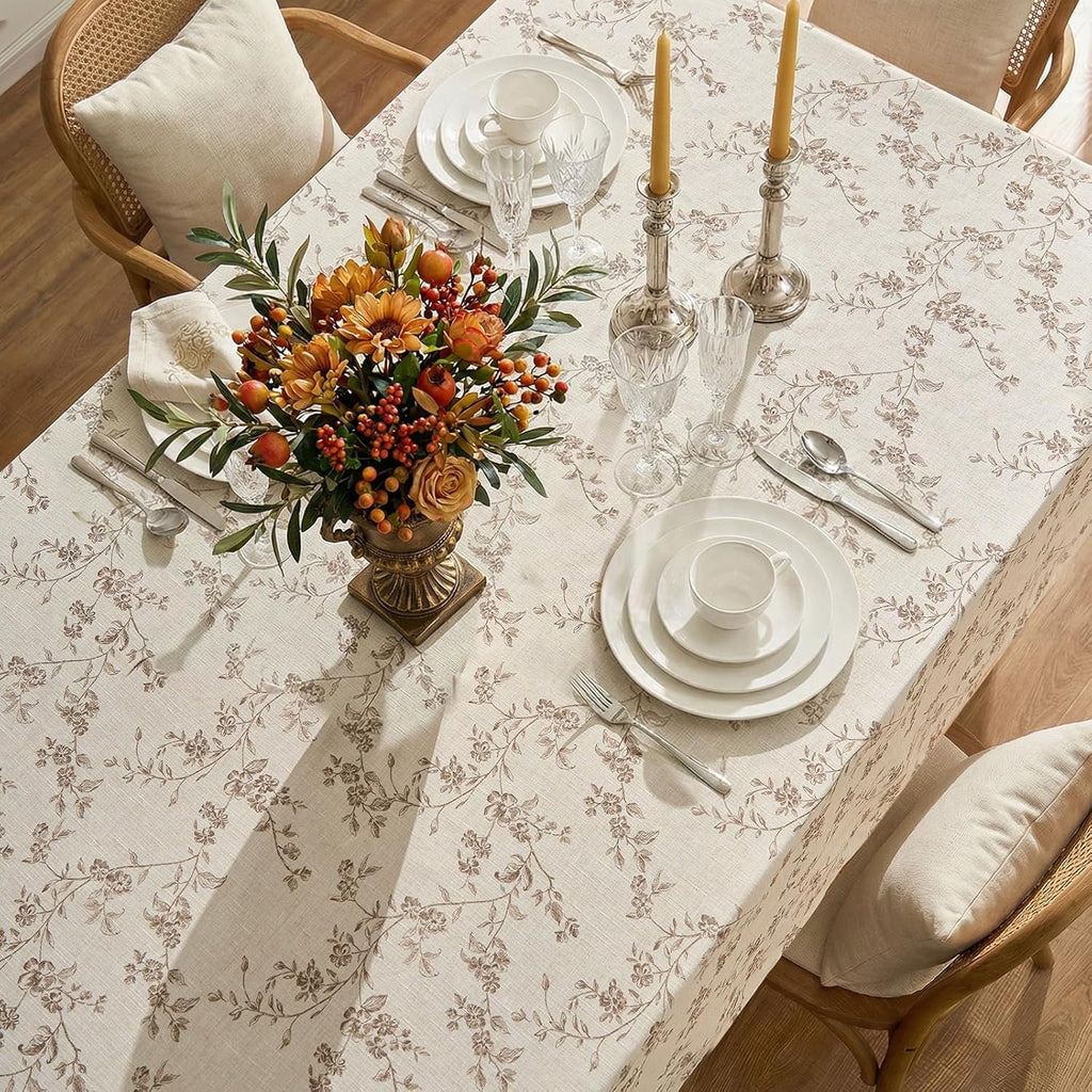 Rectangle Tablecloth - 52 x 70 Inch - Beige Linen Table Cloth - Farmhouse Floral Print Washable Tabl