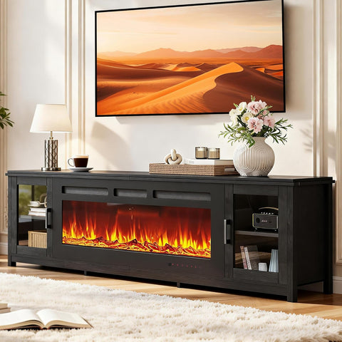 80 Inch Modern Fireplace TV Stand for Living Room, Entertainment Center with 50 Inch Electric Fireplace, Adjustable TV Console and 12-Color LED Lighting, Black