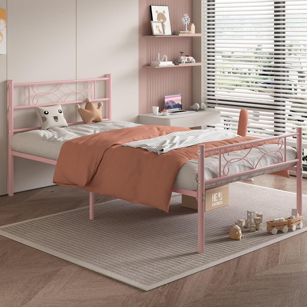 14" Twin Size Pink Metal Platform Bed Frame with Headboard for Kids,Premium Steel Slat Support/No Box Spring