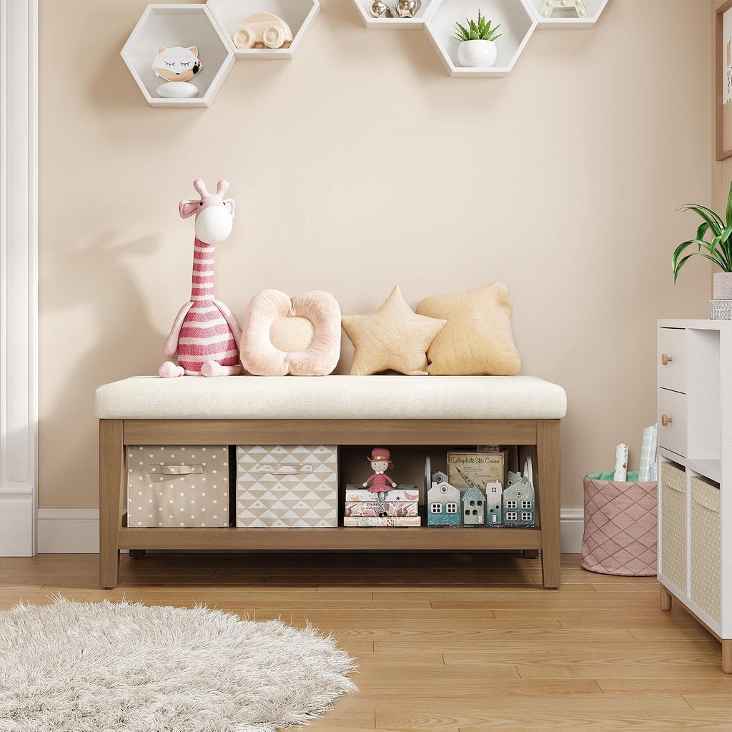 45" Shoe Rack Bench with Cushion, Solid Rubberwood Entryway Bench with Shoe Storage, Modern Chenille Upholstered Shoe