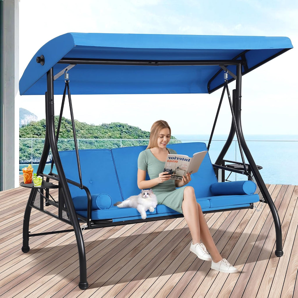 3 Seat Outdoor Patio Swing with Stand, 3-in-1 Porch Swing with Adjustable Canopy & Deep Cup Holders, Patio Glider