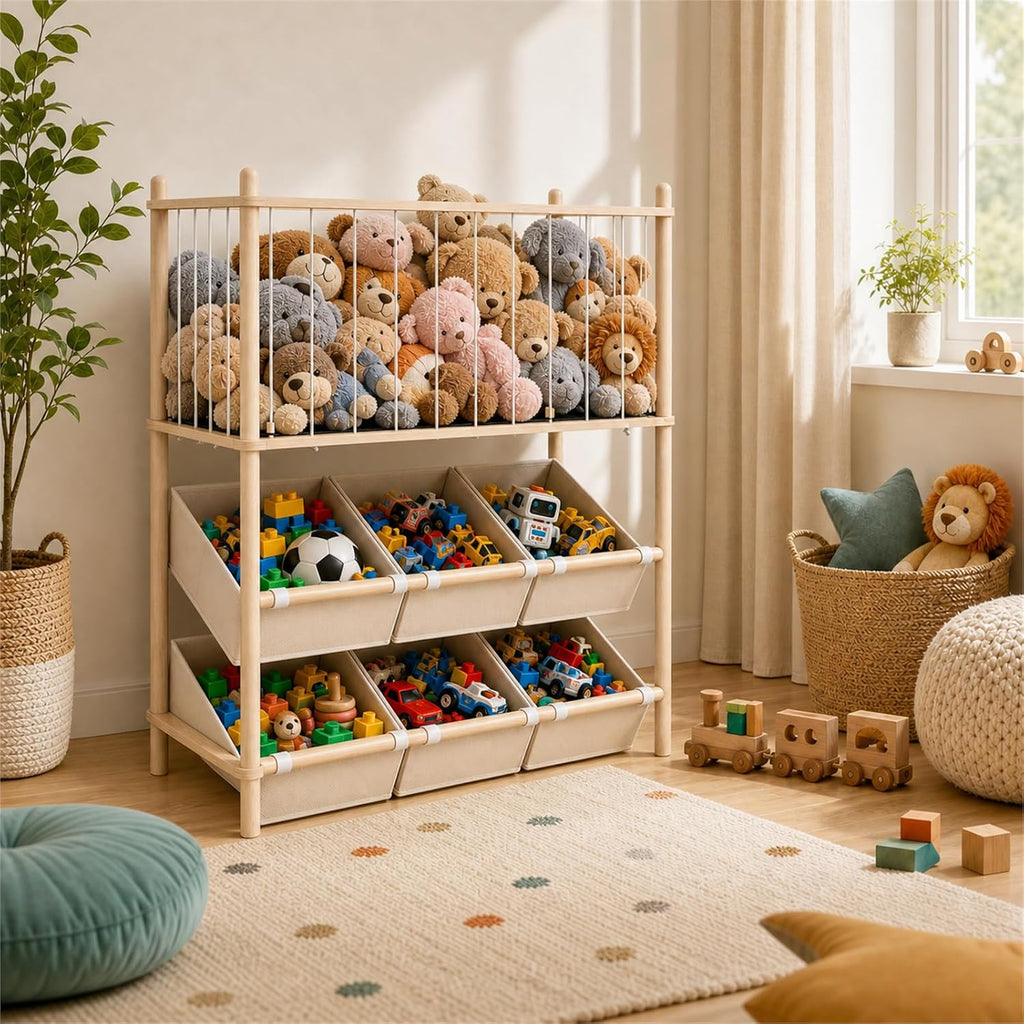 2-in-1 Stuffed Animal Storage & Toy Organizer for Kids Rooms, 6 Bins | Wooden stuffed animal and toy organizer with