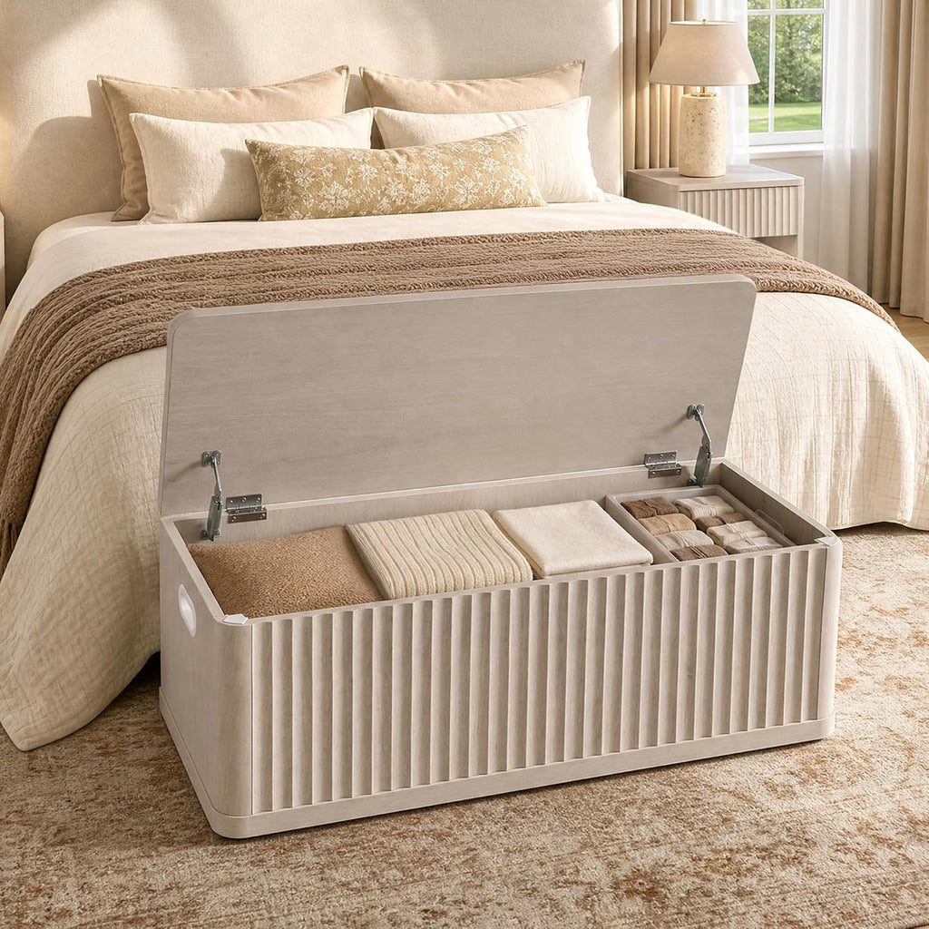 Storage Bench 40.2" Wide Shoe Bench with Lift Top Large Wooden Storage Chest Trunk Modern Blanket Chest with 2 Safety