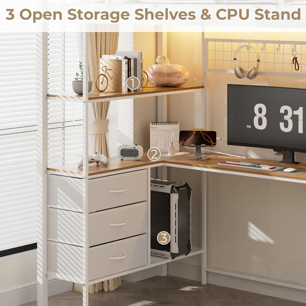 Twin Loft Bed with Desk, LED Lights, Charging Station