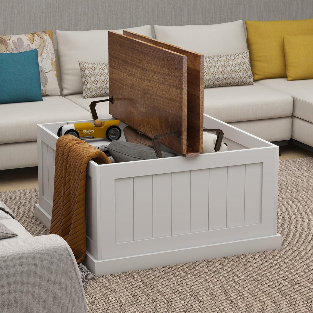 Farmhouse Coffee Table, Square Wood Center Table with Large Hidden Storage Compartment