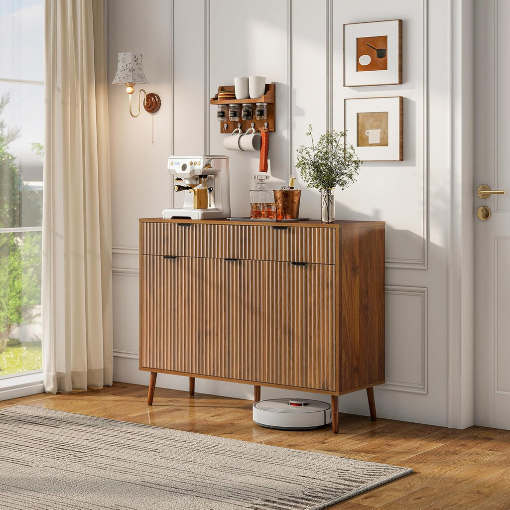 Fluted Sideboard Buffet Cabinet with Storage,2 Drawers and 3 Doors,Wood Coffee Bar Cabinet with Solid Wood Feet