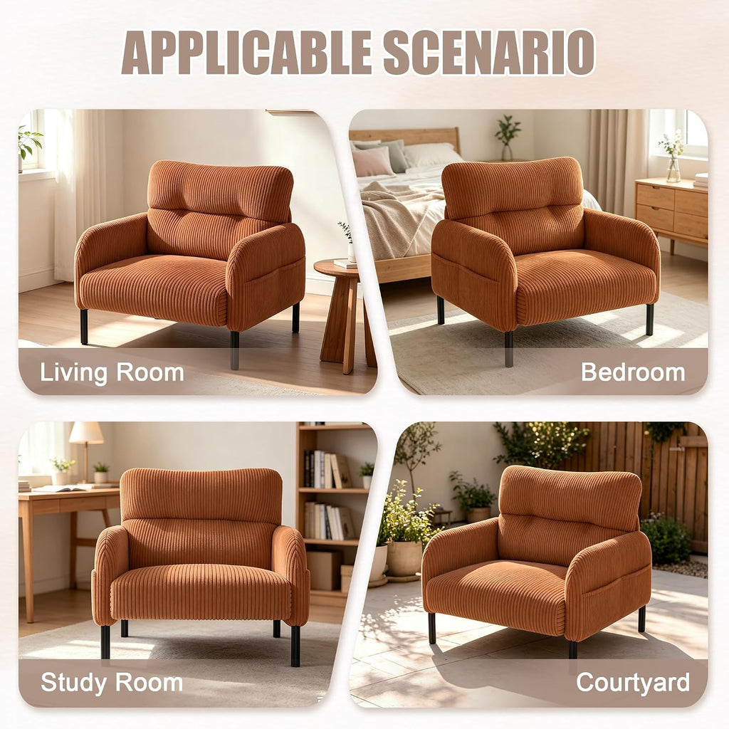 Accent Chair, Single Sofa Chair with Wingback, Corduroy Upholstered Reading Nook Armchair (Orange)