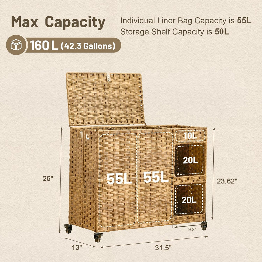 Laundry Hamper with Wheels, 42.3 Gal.(160 L) Laundry Sorter with Shelves, Rattan Clothes Hamper with 4 Removable