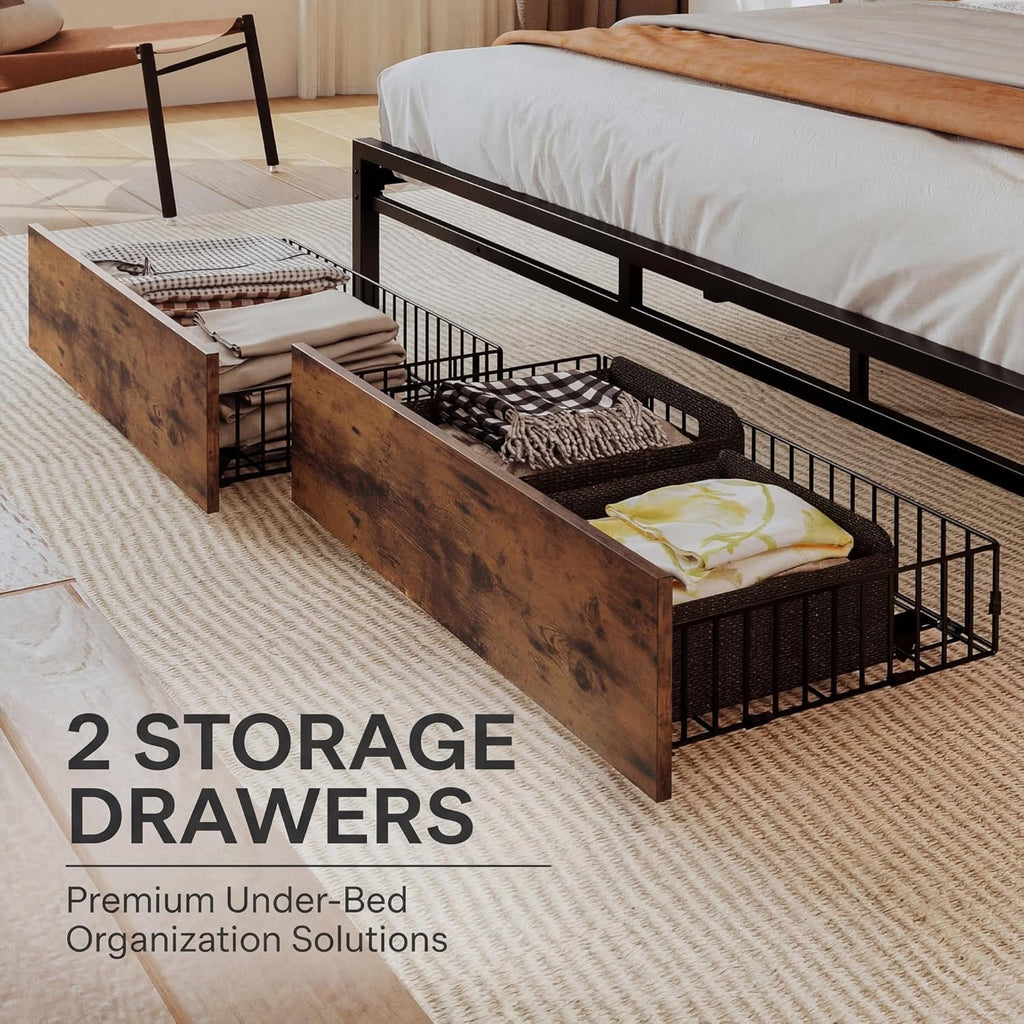 King Bed Frame with Storage Headboard, Platform King Bed with 2 Drawers and Charging Station, Heavy-Duty Metal Slats