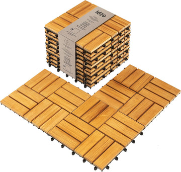 Set of 10 Premium Teak Deck Tiles, Snap-Lock Teak Shower Tile with Stable Mesh Base, 12 Slats