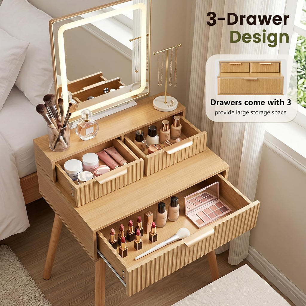Small Vanity Desk with Lights Mirror, Compact Makeup Vanity Table with Stool, Fluted Wood Vanity with Power Outlet, 3