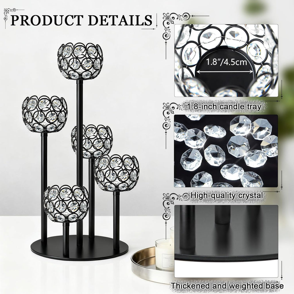 5-Arm Crystal Tealight Candelabra Centerpiece, 14.8 Inch Metal Candle Holder for Table Decor, Wedding, Christmas