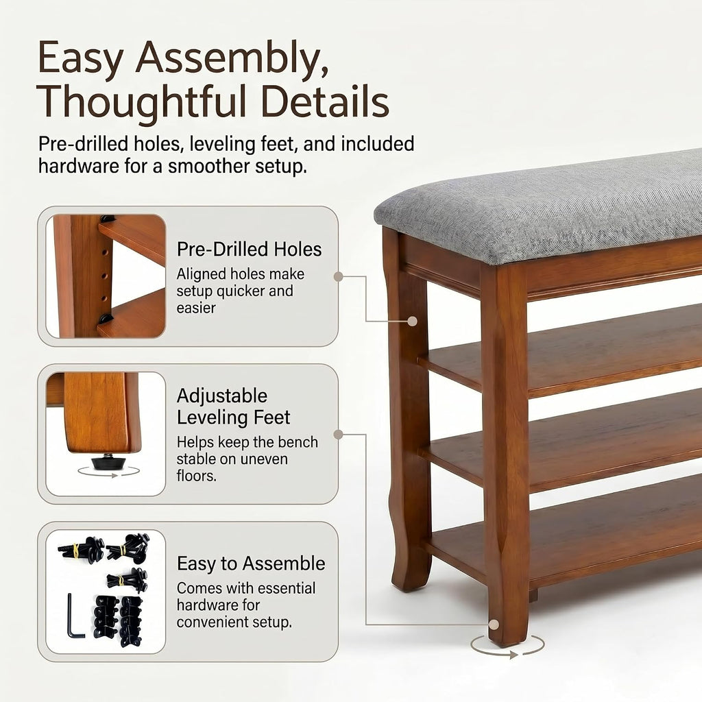 Solid Wood Shoe Rack Bench with Storage, Flip-Top Soft-Close Lid, 31.5" | 550 lbs Max Load, Adjustable Shelves