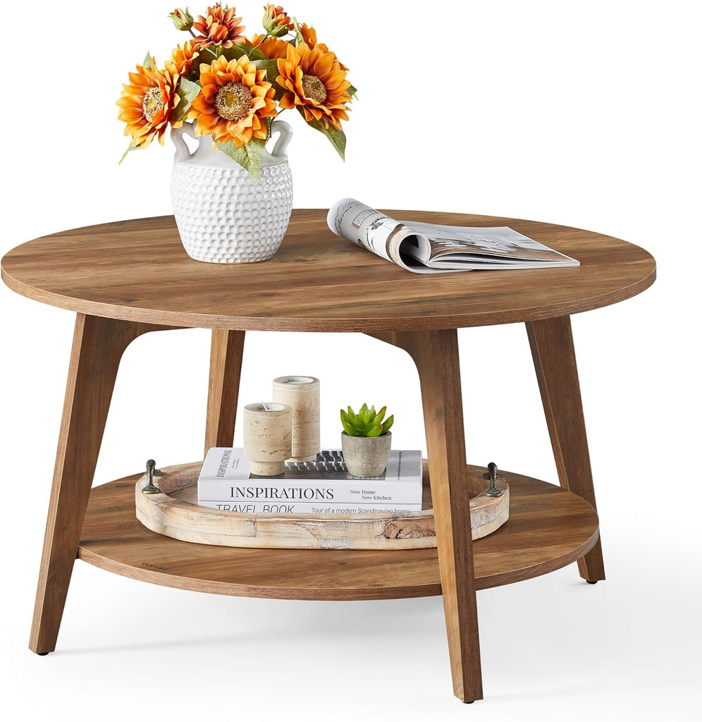 Collection - Round Coffee Table, 2-Tier Center Table with Storage, Tapered Legs, Curved Transitions