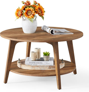 Collection - Round Coffee Table, 2-Tier Center Table with Storage, Tapered Legs, Curved Transitions