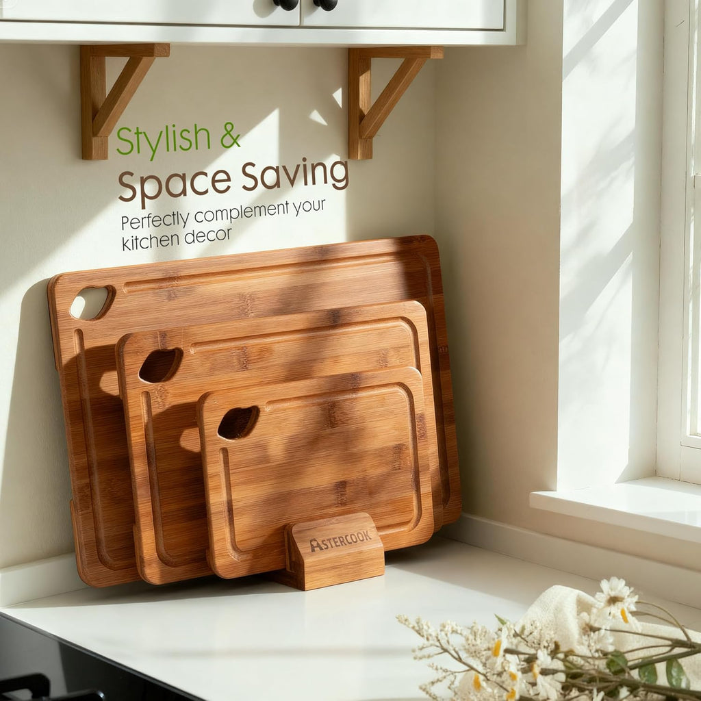Deep-Carbonized Bamboo Cutting Boards with Wood Storage Stand, Reversible Charcuterie & Chopping Boards with Juice