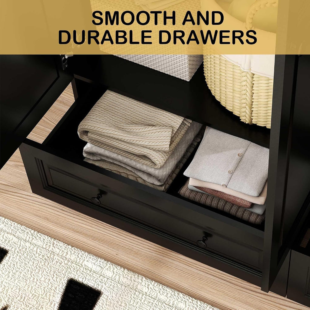 Armoire Wardrobe Closet with Drawers: 47" Black Wardrobe Closet with 3 Doors and 2 Drawers, Wood Clothes Armoire with